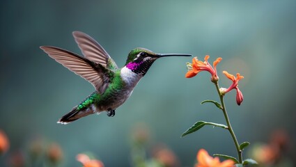 Hummingbird hovering in place just before feeding.