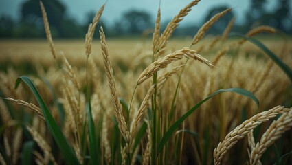 Fototapeta premium A detailed look at new rice grains in a paddy field