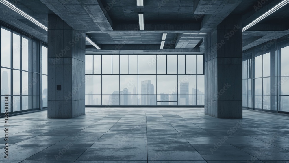 Poster unoccupied modern office area. towering building interior with a large window. image in vector graph