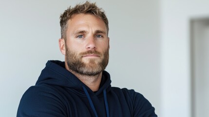 Fototapeta premium Confident man portrait, arms crossed, indoors, neutral background, for business profile