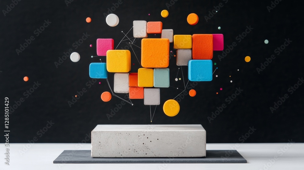 Poster colorful geometric shapes in dynamic arrangement on dark background