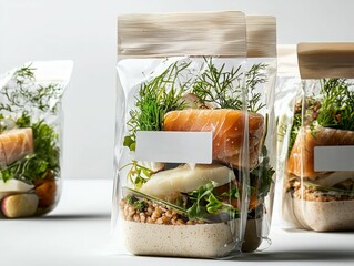 Gourmet meal kits with fresh ingredients packaged in transparent bags for healthy eating
