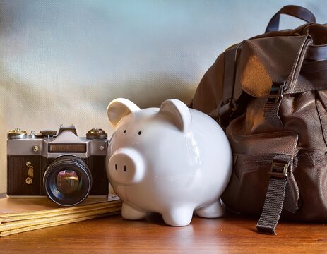 una alcancia de chanchito blanca en primer plano de frente 3/4 al fondo una mochila, una camara fotogr&aacute;fica, preparativos para unas vacaciones, ambiente una habitaci&oacute;n de lujo, juvenil, alegre, exitos