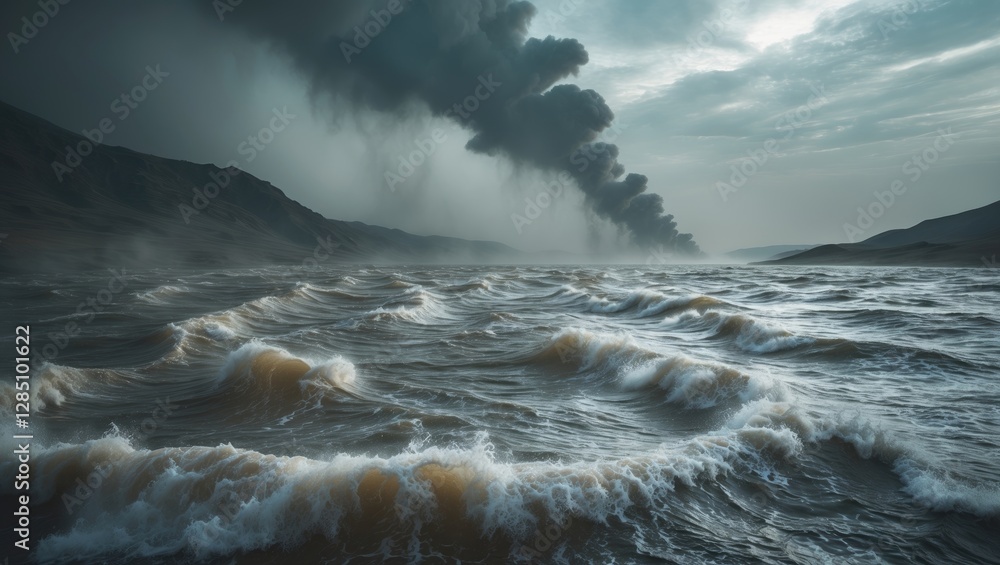 Poster flow of water. intense dust storm underway. digital visualization of extensive data. advanced wave p