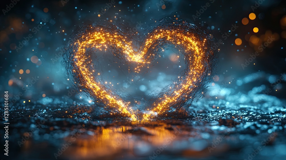 Poster an illuminated glowing heart of sparkles against a blurred background