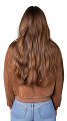 Naklejka premium Woman with Long Wavy Hair in Brown Jacket on Transparent Background