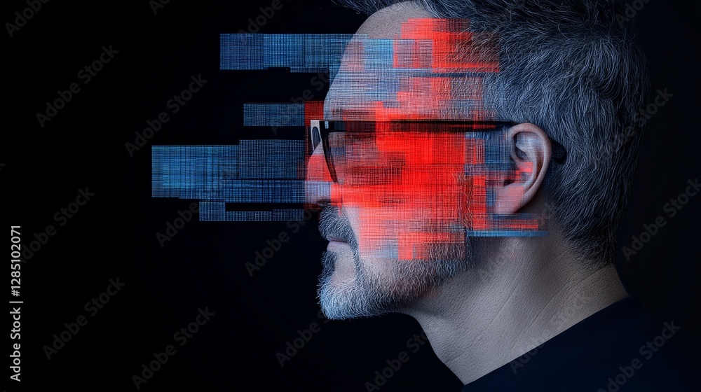 Poster man with digital effects and glasses showing glitch and data visualization
