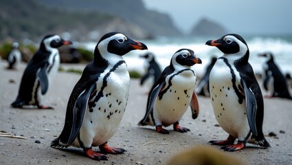 Obraz premium Detailed perspective of African penguins at Boulders Beach in Cape Town, located in South Africa's Western Cape.