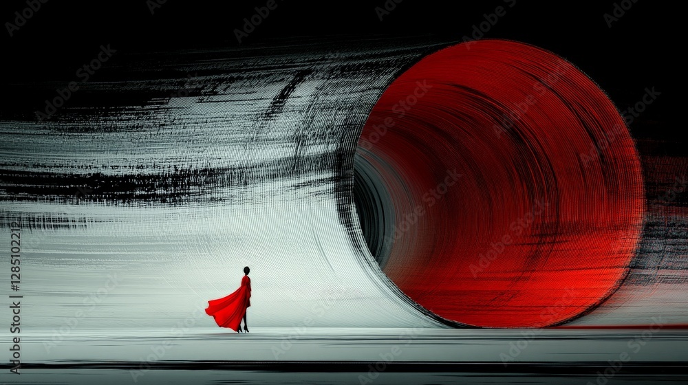 Poster Person in Red Cloak Standing Before a Large Abstract Circular Shape