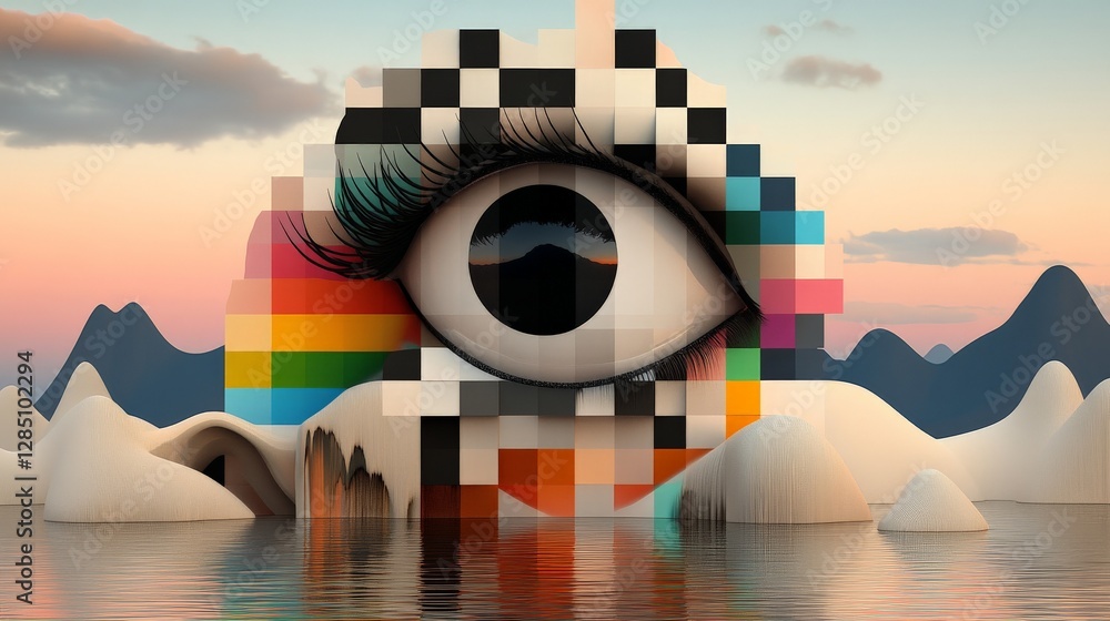 Poster abstract eye composition with colorful patterns and mountain landscape