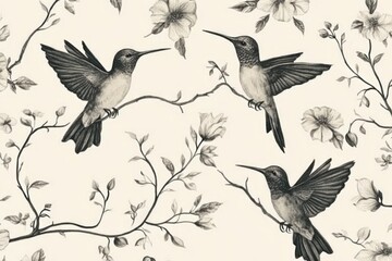 Obraz premium Hummingbirds on flowering branches, nature pattern, background for home decor
