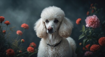 Elegant white poodle among flowers