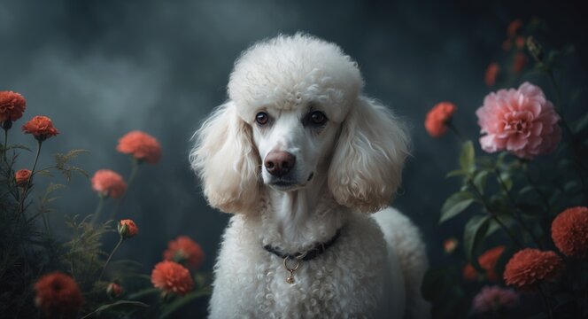 Elegant white poodle among flowers