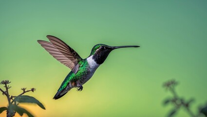 Fototapeta premium Hummingbird duel at sunset in the wild. Long-beaked Green Hermit, Phaethornis guy, set against a soft light green backdrop in Costa Rica. Natural wildlife moment captured.