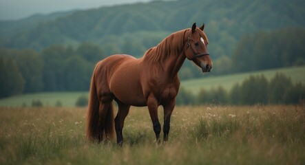 Fototapeta premium Friesian mare standing in a lush field