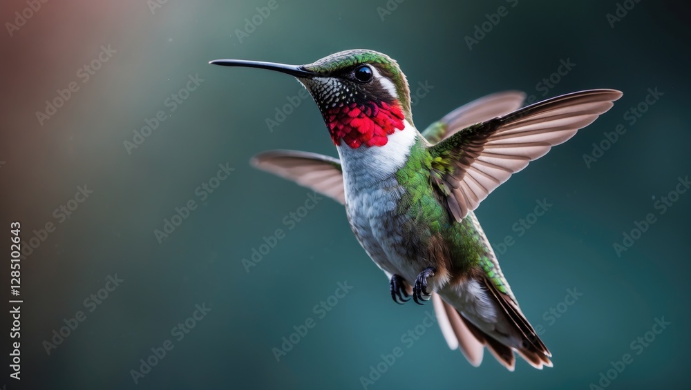 Poster detailed view of a ruby-throated hummingbird in flight