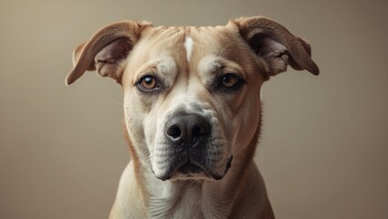 Canine Portrait. Playful pup with a unique expression. Artistic depiction. Melancholic pet. Soft beige backdrop.