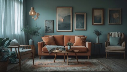 Cozy living space featuring soft hues and artwork frames