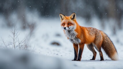 Fototapeta premium Wildlife header featuring an adorable red fox set against a backdrop of snowy scenes in a winter-themed wildlife concept with a cartoon depiction of a beautiful creature boasting a fluffy tail.