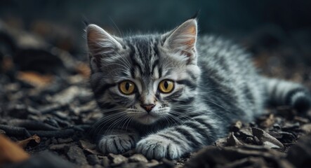 Adorable gray tabby kitten with yellow eyes resting on the ground.