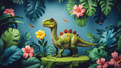 Obraz premium Playful dinosaur illustration with a Scandinavian flair, featuring tropical flowers and a hand-painted dino. Ideal for backgrounds, fabrics, wallpapers, and nursery decor.