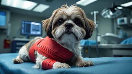 Injured Shih Tzu in red bandages and splint resting post-surgery at veterinary clinic
