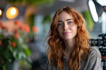 Fototapeta premium Smiling young woman with long red hair wearing cozy sweater in a bright indoor setting surrounded by plants and lights