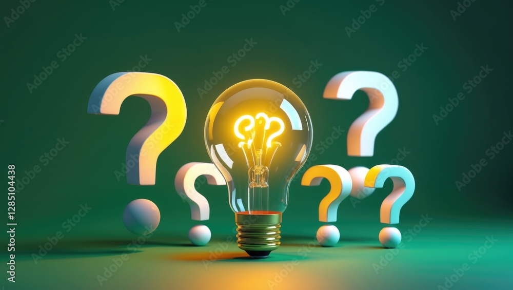 Poster radiant lightbulb surrounded by question marks on a green backdrop for imaginative thinking and prob