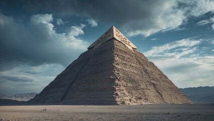 A wide-angle shot of a gray pyramid resembling those in Egypt, located in Las Vegas, set against a backdrop of a cloudy blue sky.