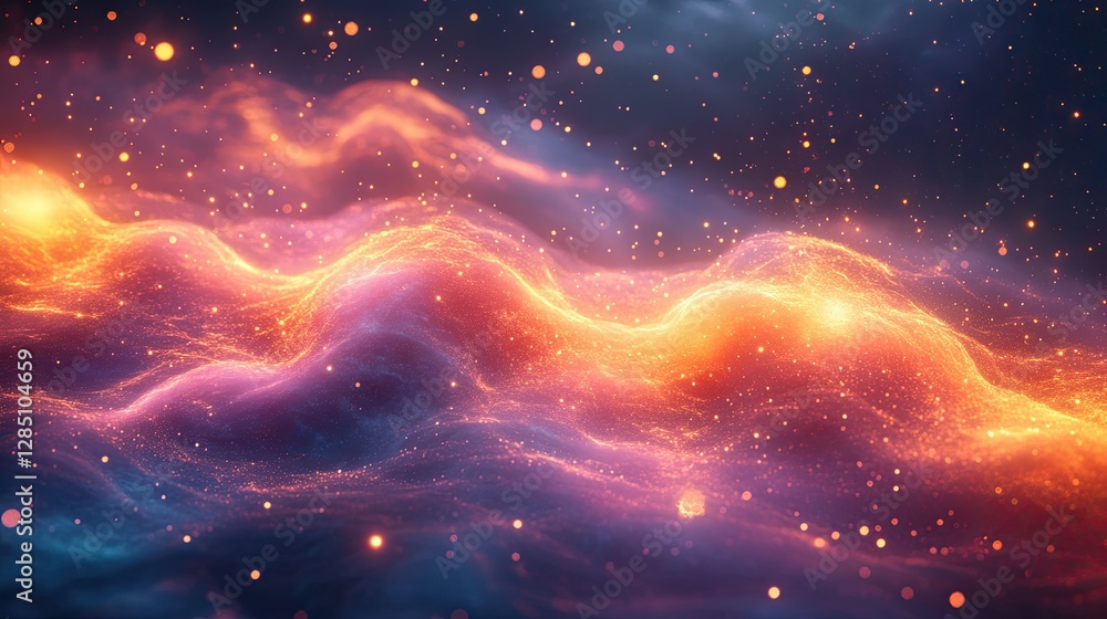 Poster beautiful glowing nebula with celestial sparks floating in space