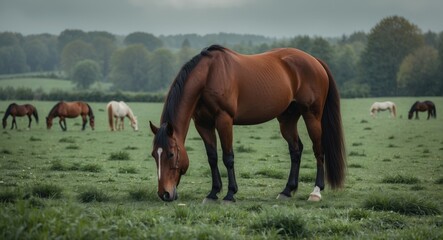 A chestnut horse is eating grass in a lush meadow. A picturesque farm scene featuring horses at leisure. An embodiment of rural life, far from urban areas, in harmony with nature and the simple ple...
