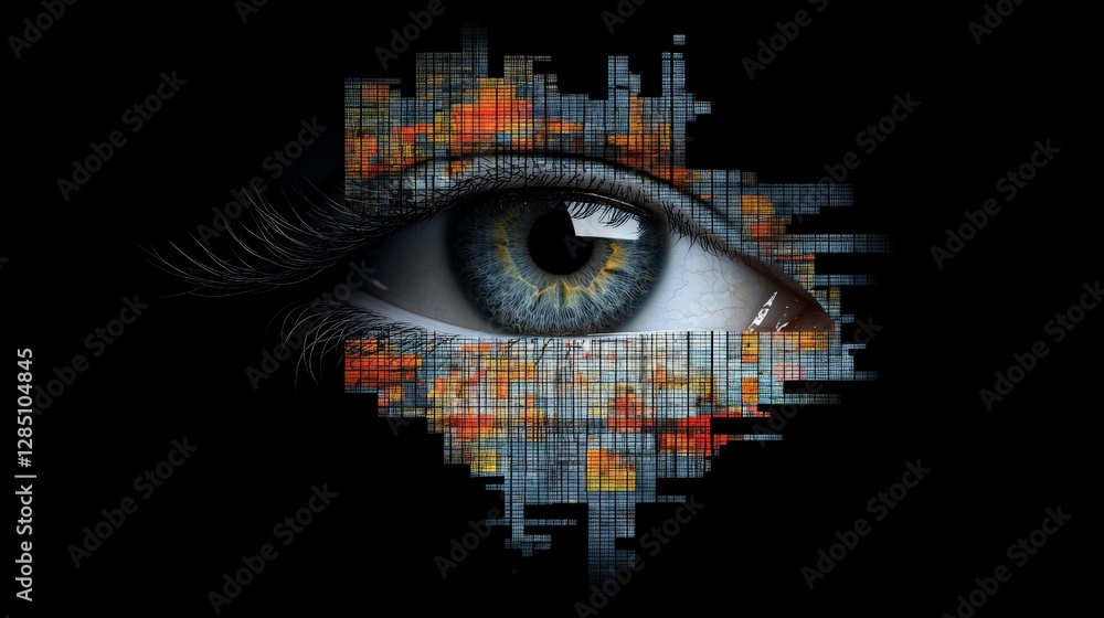 Poster eye with digital pixel effect on dark background in futuristic style