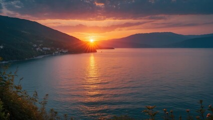 Fototapeta premium Breathtaking sunset along Slovenia's Adriatic coastline in summer, showcasing the vibrant hills.