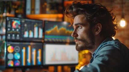 Focused young man analyzing data on multiple computer screens in a modern office environment with graphs and charts