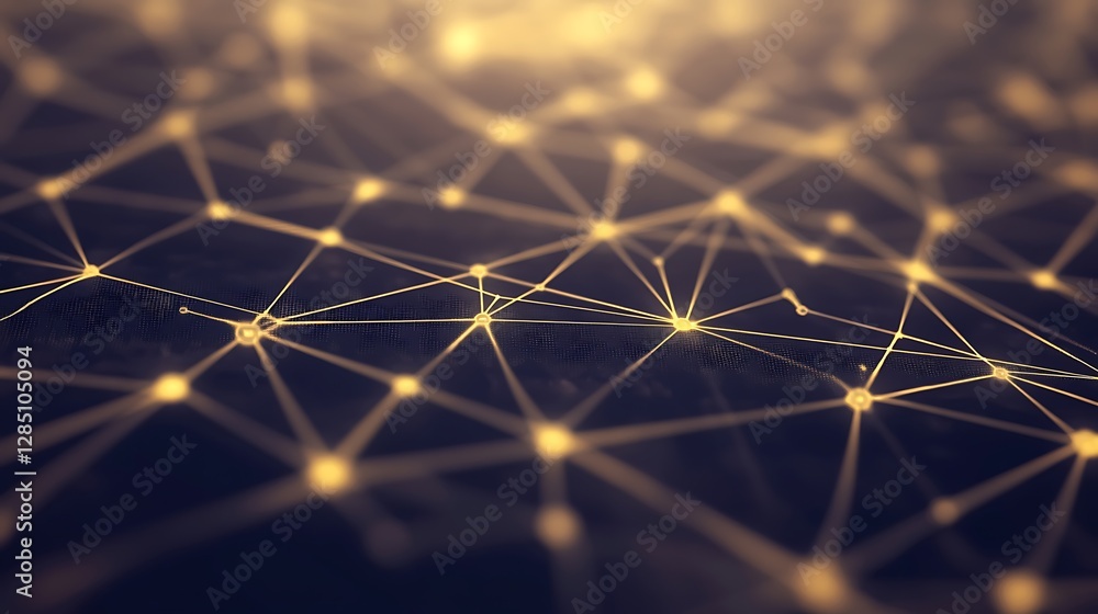 Poster Abstract network design with glowing nodes and connecting lines on a dark background.