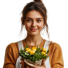 A Woman Volunteering at a Women's Day Event Holding a Basket of Fruit and Vegetables Isolated on Transparent Background
