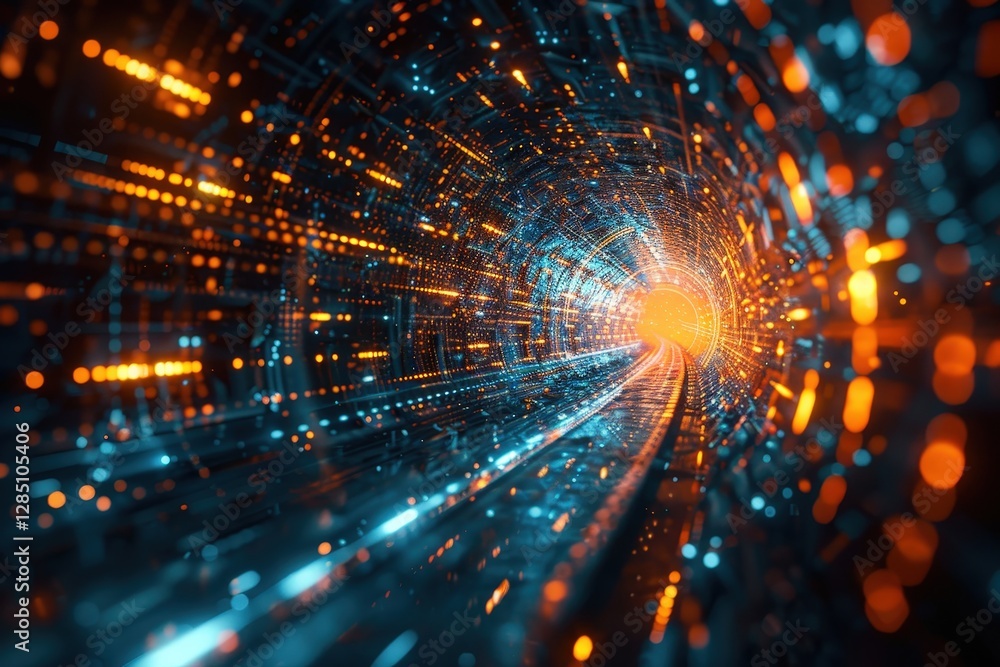 Wall mural vivid tunnel of light with dynamic bright colors and glowing particles for digital and futuristic ba