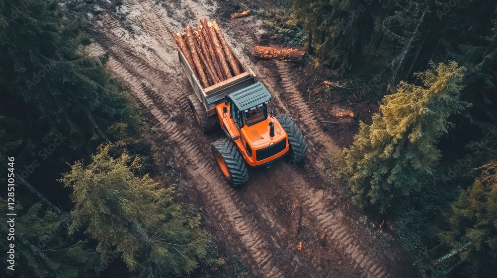Poster aerial view of heavy logging tractor transporting timber through dense forest landscape