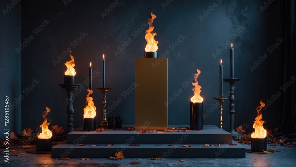 Poster display podium with a dark background featuring flickering flames and black candles. a golden pedest