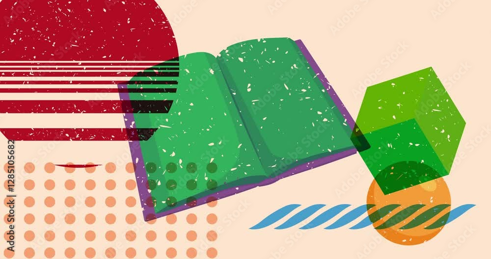 Poster risograph book with geometric shapes animation. moving object in trendy riso graph design video.