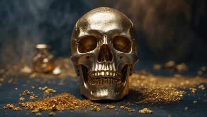 Minimalist backdrop for cosmetic showcases featuring a gold skull replica.