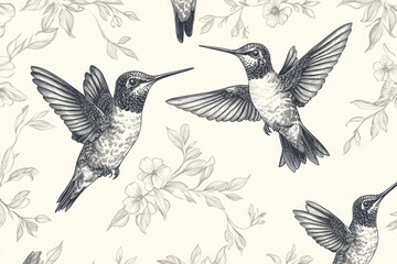 Hummingbirds flying amidst blossoms, seamless pattern, nature background, fabric design