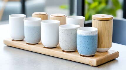 Naklejka premium Stylish Speckled Ceramic Tea Cups on Bamboo Tray Modern Home Decor
