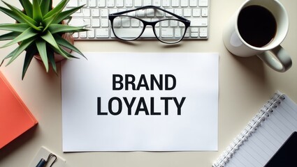 Business Concept Depicting Brand Fidelity. Customer Retention Ambassador Preference Reliable Office Supplies Displayed on Desk Alongside Keyboard, Glasses, and Coffee Mug for Work.