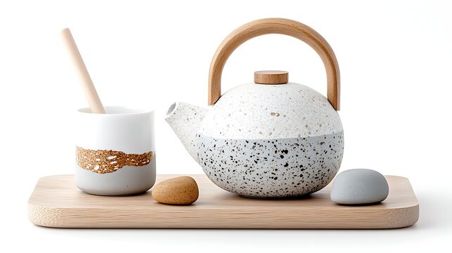 Stylish Speckled Teapot Set with Wooden Tray Cup and Stones Modern Kitchenware