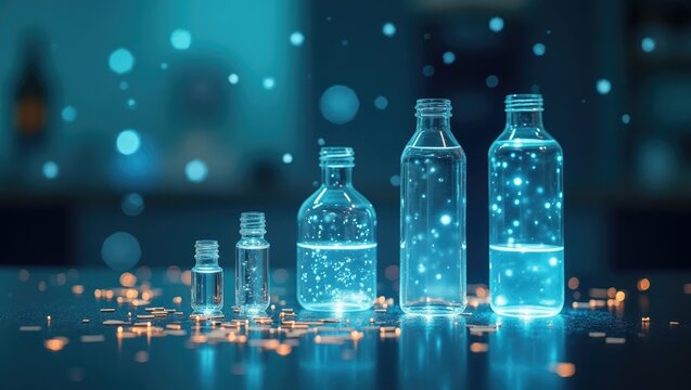 Laboratory setting featuring bottles and financial market icons