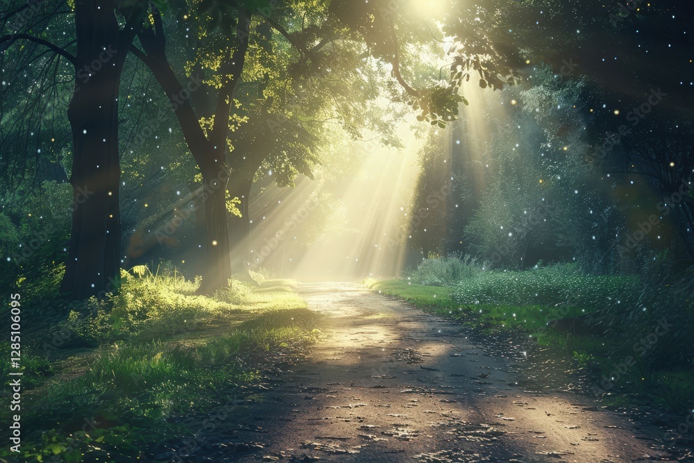 Poster sunlight filtering through trees on a serene forest path with gentle rays illuminating the ground an