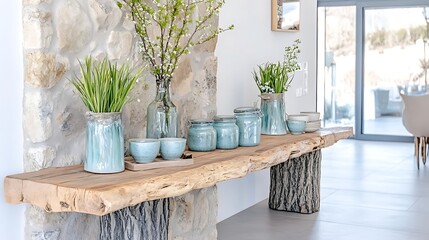 Fototapeta premium Rustic Wooden Console Table Decor Blue Pottery Spring Flowers Interior Design