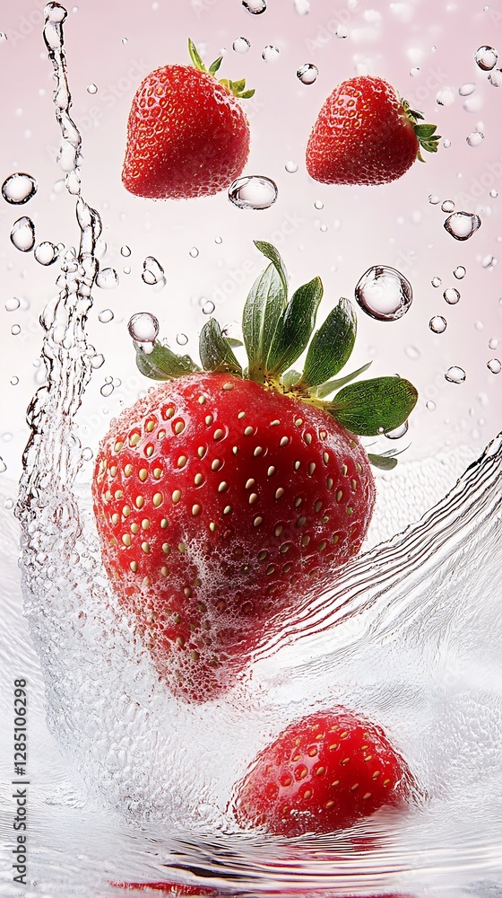 Poster fresh strawberries splashed in water with bubbles and a soft pink background : generative ai