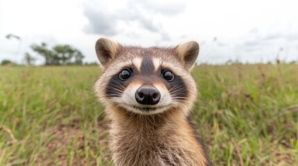 Fototapeta premium Raccoon portrait, grassy field, cloudy sky, wildlife